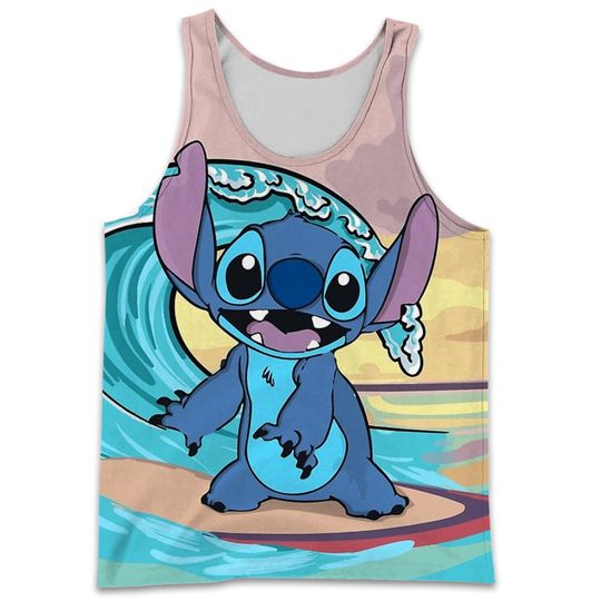 Pastel Colorblock Stitch Surfing Full Print Disney Cartoon 3D Tank Top