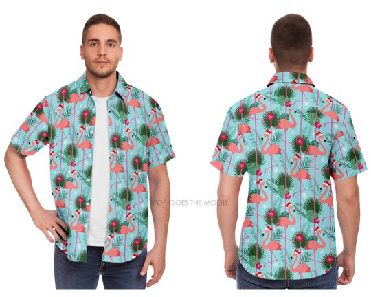 Christmas Flamingo Novelty Button Up Down Hawaiian Shirt -