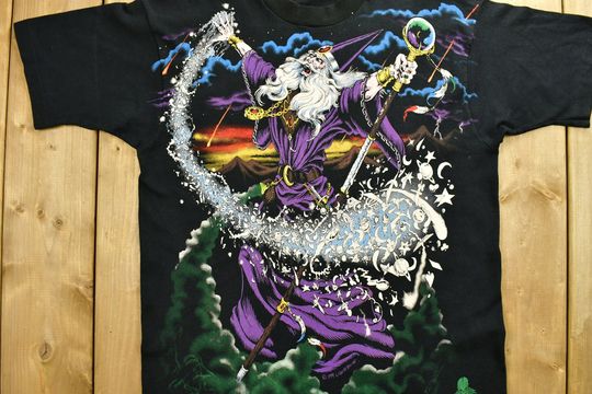 Vintage 1994 Liquid Blue All Over Wizard Graphic Print T-Shirt
