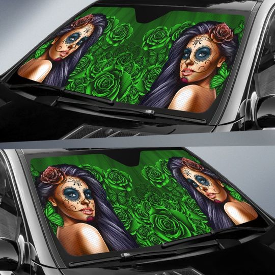 Calavera Girl Red Auto Sun Shade, Green Car Sun Shade