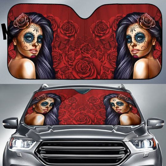 Calavera Girl Red Auto Sun Shade, Green Car Sun Shade