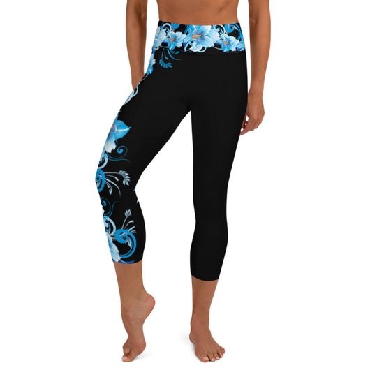 Bold Blue Flower Yoga Capri Leggings