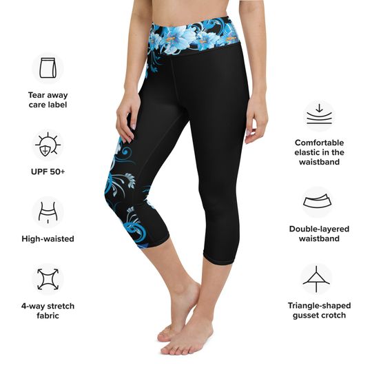 Bold Blue Flower Yoga Capri Leggings