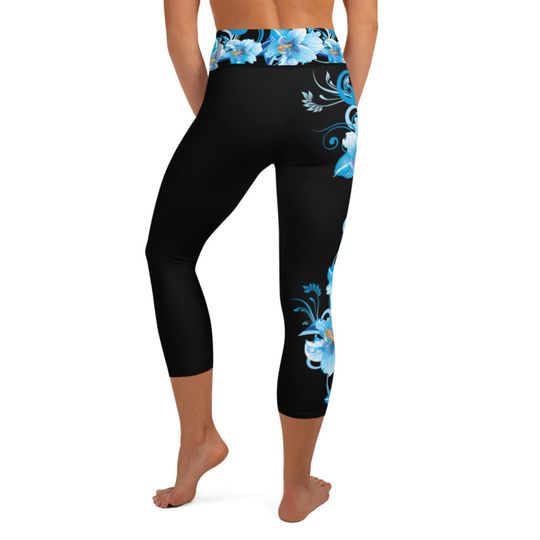Bold Blue Flower Yoga Capri Leggings