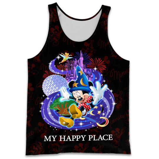 Minnie Mouse My Happy Place Black Patterns Disney Cartoon Graphic Summer Vacation Tanktop