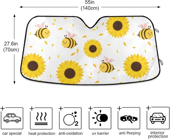 Oarencol Cute Sunflower Bee Car Windshield Sun Shade Yellow Florals Foldable