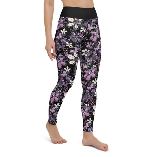 Purple Flower High Waist Leggings Womens