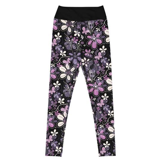 Purple Flower High Waist Leggings Womens
