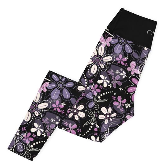 Purple Flower High Waist Leggings Womens