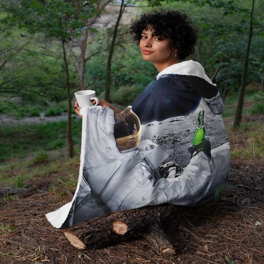 Beer Drinking Astronaut Hooded Blanket, Adult and Small Sizes, Soft Fleece Blanket with a Hood, Man Cave Throw