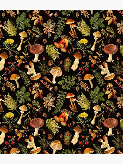 Vintage toxic mushrooms forest pattern on black Backpack