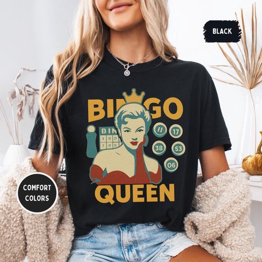 Discover Vintage Bingo Queen T-shirt, Retro Unisex Tee, Comfort Colors Shirt, Gift for Bingo Lovers, Bingo Night Apparel