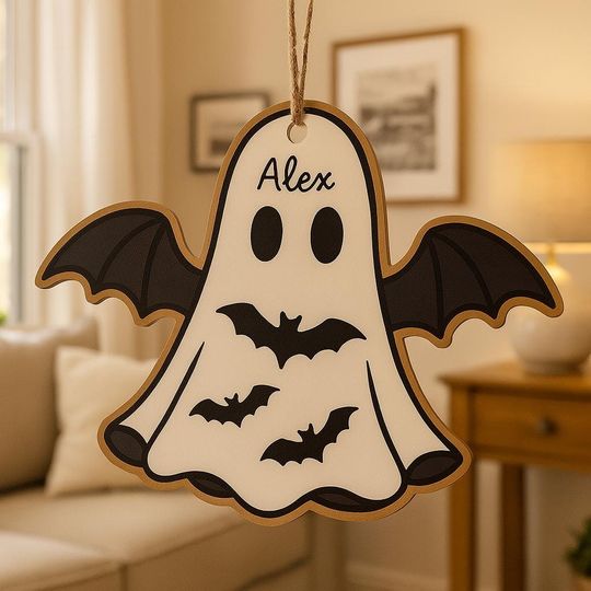 Halloween Customized Name Wooden Pumpkin Ghost Pendant  Personalized Spooky Hanging Decoration for Kids & Home
