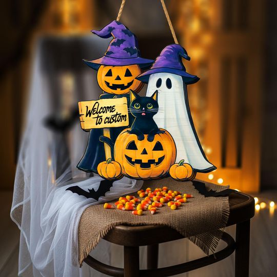 Halloween Wreath, Rustic Welcome Door Sign, Ghost & Black Cat Decor, Pumpkin Hanger for Front Door