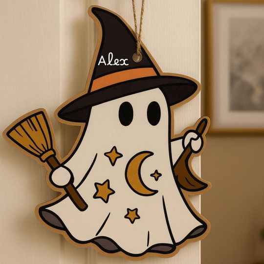 Halloween Customized Name Wooden Ghost Pendant  Personalized Spooky Hanging Decoration for Kids & Home