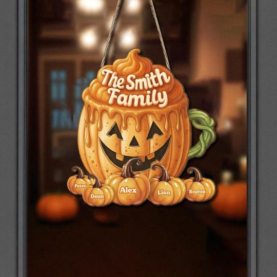 Personalized Halloween Wooden Door Sign, Pumpkin Jack-O-Lantern Custom Family Name Hanging Sign, Custom Fall Door Hanger Decoration