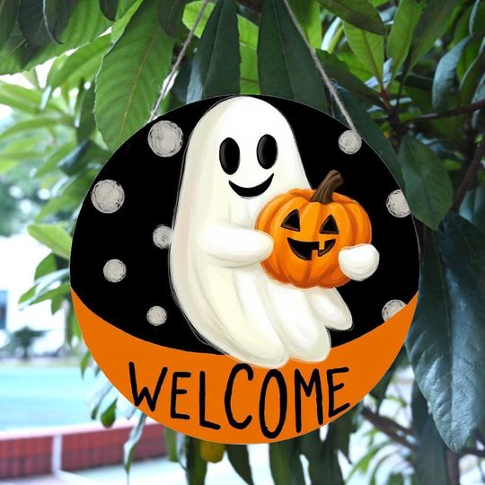 Halloween Welcome Sign, Wooden Front Door Sign, Halloween Door Hanger, Ghost Pumpkin Home Decor, Halloween Wall Decor, Front Porch Decor