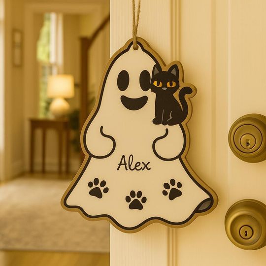 Halloween Customized Name Wooden Black Cat Ghost Pendant  Personalized Spooky Hanging Decoration for Kids & Home