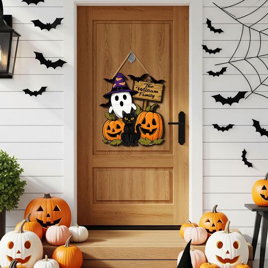 Discover Personalized Halloween Ghost Door Sign, Custom Wooden Family Name Plaque with Cute Spooky Ghosts