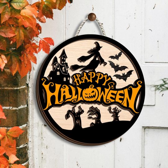 Happy Halloween 2 Layered Door Sign, Halloween Witch Wooden Sign, Halloween Welcome Sign, Spooky Season, Halloween Decor