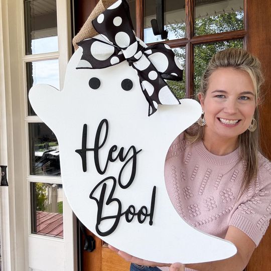 Ghost Door Hanger | Halloween Door Hanger | Hey Boo Ghost Door Hanger | Front door decor | Wooden Door Hanger | Pumpkin Fall Door Sign