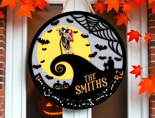 Personalized Halloween Door Hanger | Welcome to Our Nightmare Wooden Sign | Moon and Bats Decor | Custom Sign Family Name Front Door