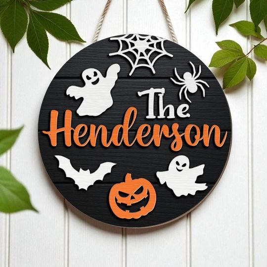 Personalized Halloween Door Hanger, Halloween Family Sign, Custom Family Name Sign, Halloween Decor, Halloween Gift, Wooden Door Hanger