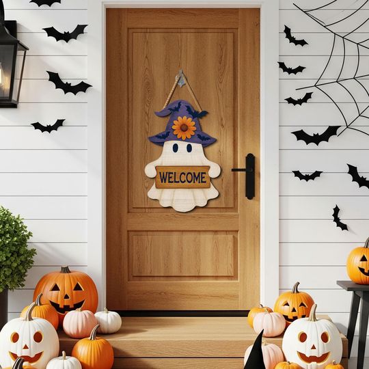 Discover Halloween Ghost Welcome Sign, Cute Witch Door Hanger, Wooden Fall Decor, Spooky Autumn Holiday Decoration
