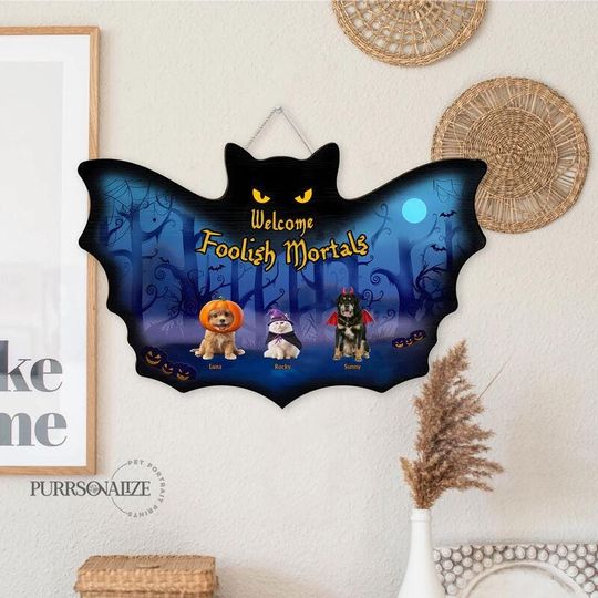 Discover Custom Shape Halloween Pet Door Hanger, Personalized Name Bat Welcome Shape Wood Sign, Halloween Dog Cat Door Hanger