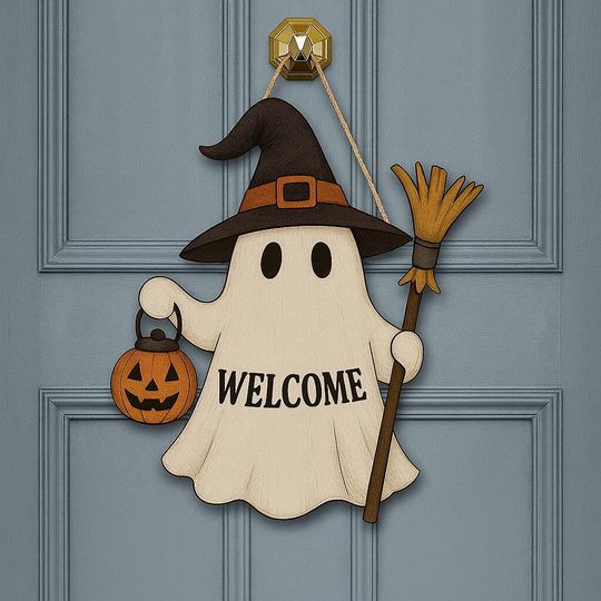 Halloween Ghost Welcome Sign, Cute Witch Door Hanger, Fall Decor, Spooky Front Porch Sign, ute Ghost Door Hanger,Halloween Door Sign Bundle