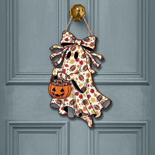 Discover Ghost Football Door Hanger: Fall Halloween Wooden Welcome Sign