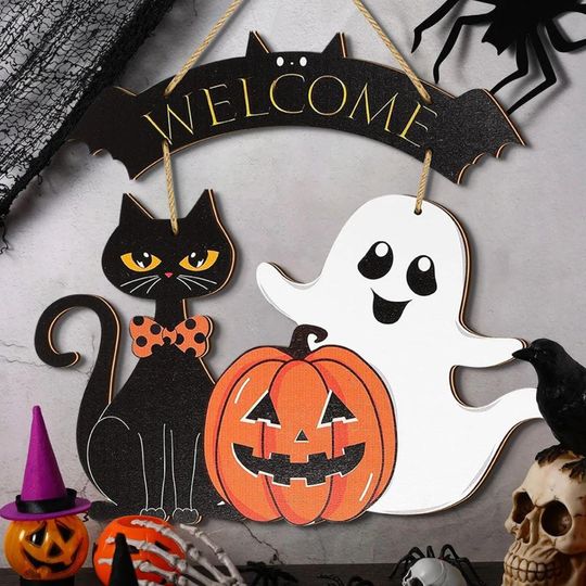 Discover Halloween  Black Cat, Pumpkin and Ghost Welcome Sign: Wooden Fall Door Hanger