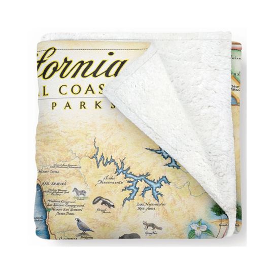 Discover California Central Coast State Parks Map Fleece Blanket- Soft, Cozy, and Warm Throw - 58x50 - Multicolor, Neutral, Blue, Green, Brown, Beige