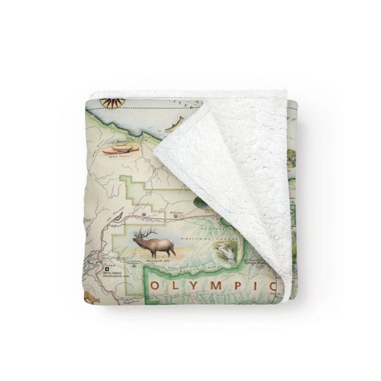Discover Olympic National Park Map Fleece Blanket  - Soft, Cozy, and Warm Throw - 58"x 50" - Multicolor, Neutral, Blue, Green, Brown, Beige