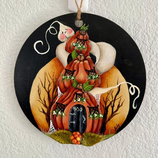 Halloween Ghost Pumpkin Wall Hanging  Hand Painted Round Wooden Sign  Boo Haunted House Door Decor