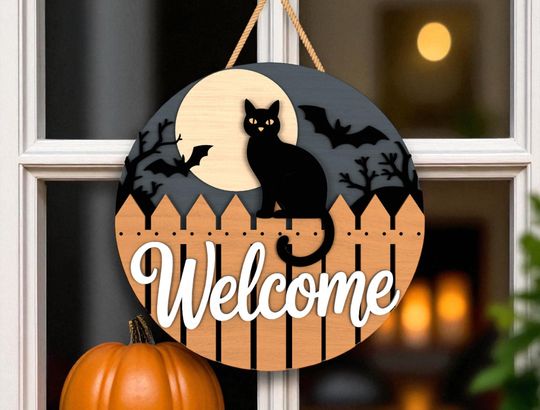 Halloween Door Hanger | Welcome Black Cat Bat Design | Spooky Wooden Round Sign | Moonlight Door & Wall Decoration