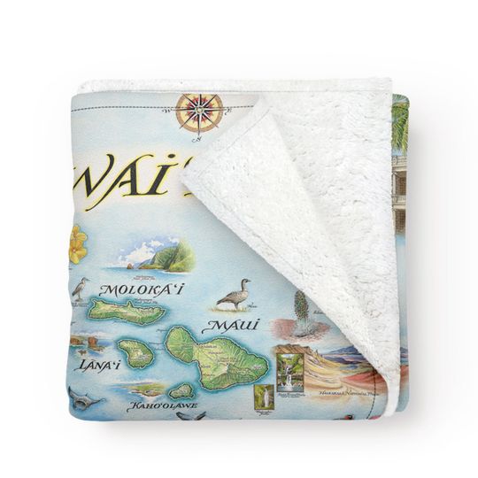 Discover Hawai'i Islands Map Fleece Blanket  - Soft, Cozy, and Warm Throw - 58"x 50" - Multicolor, Neutral, Blue, Green, Brown, Beige