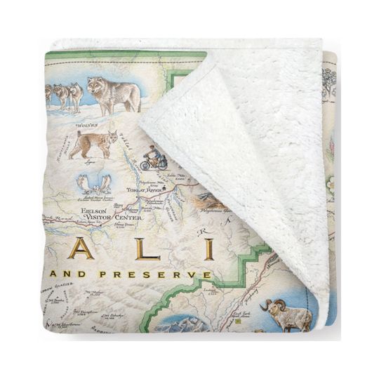 Discover Denali National Park Map Fleece Blanket  - Soft, Cozy, and Warm Throw - 58"x 50" - Multicolor, Neutral, Blue, Green, Brown, Beige