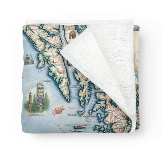 Discover Alaska's Inside Passage Map Fleece Blanket  - Soft, Cozy, and Warm Throw - 58"x 50" - Multicolor, Neutral, Blue, Green, Brown, Beige