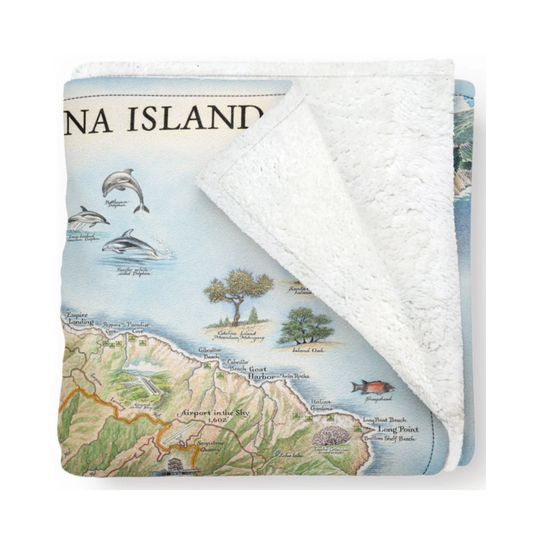 Discover Santa Catalina Island Map Fleece Blanket  - Soft, Cozy, and Warm Throw - 58"x 50" - Multicolor, Neutral, Blue, Green, Brown, Beige