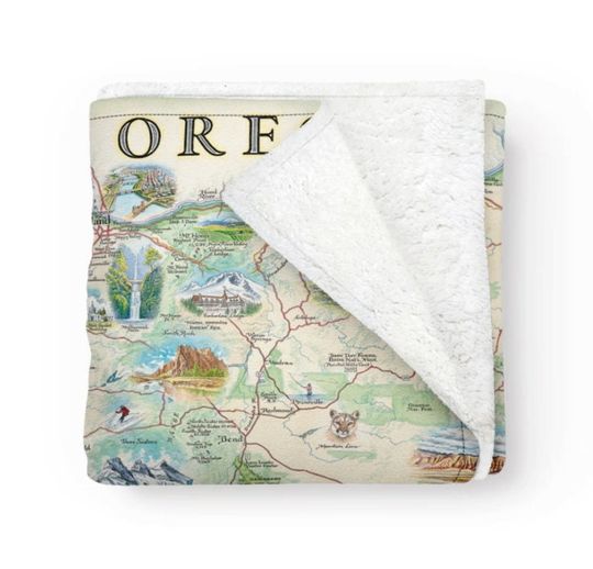 Discover Oregon State Map Fleece Blanket  - Soft, Cozy, and Warm Throw - 58"x 50" - Multicolor, Neutral, Blue, Green, Brown, Beige