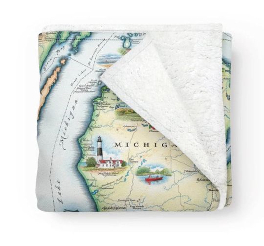 Discover Michigan State Map Fleece Blanket  - Soft, Cozy, and Warm Throw - 58"x 50" - Multicolor, Neutral, Blue, Green, Brown, Beige