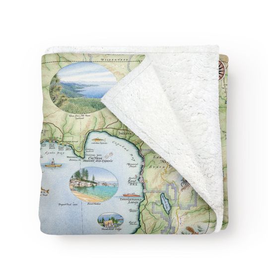 Discover Lake Tahoe Map Fleece Blanket  - Soft, Cozy, and Warm Throw - 58"x 50" - Multicolor, Neutral, Blue, Green, Brown, Beige