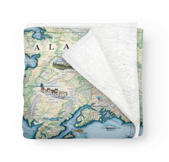 Discover Alaska State Map Fleece Blanket  - Soft, Cozy, and Warm Throw - 58"x 50" - Multicolor, Neutral, Blue, Green, Brown, Beige
