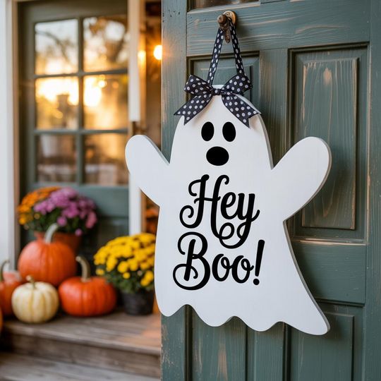 Discover Hey Boo Ghost Door Hanger: Wooden Halloween Sign