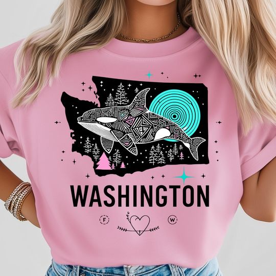 Discover Washington Orca PNG, Abstract Geometric Whale, Surreal Ocean and Forest Theme, Modern Tribal Wildlife Art, Bold State Pride Design