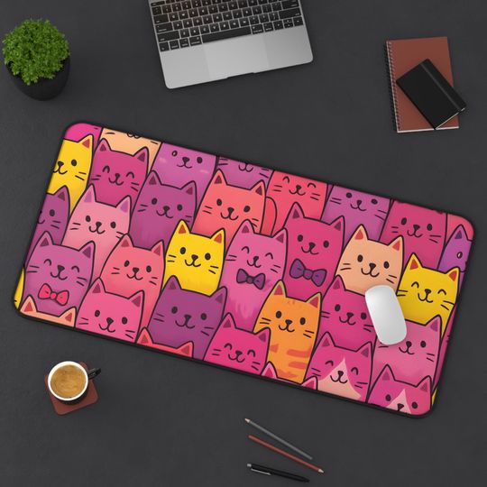 Discover Kawaii Cat Desk Mat: Pink & Purple Cartoon Kitty Mouse Pad