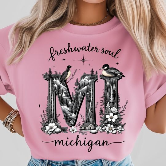 Discover Michigan Freshwater PNG, Rustic Cabin Wilderness Design, Forest Bird and Floral Art, Mountain Lodge Nature Graphic, Outdoor State Spirit