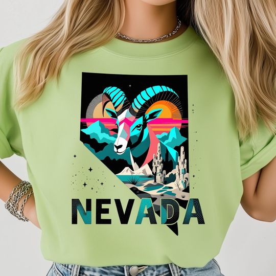 Nevada Wildlife T-Shirt, Bighorn Sheep Neon Desert Sunset, State Pride Bold Art