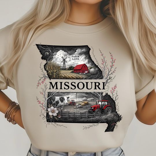 Missouri Farm T-Shirt, Rural Tractor Barn Scene, Countryside Cow Pasture Art